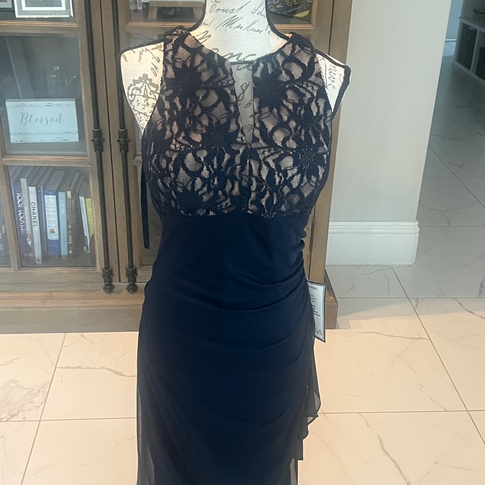 Betsy & Adam Navy Lace Backless Dress